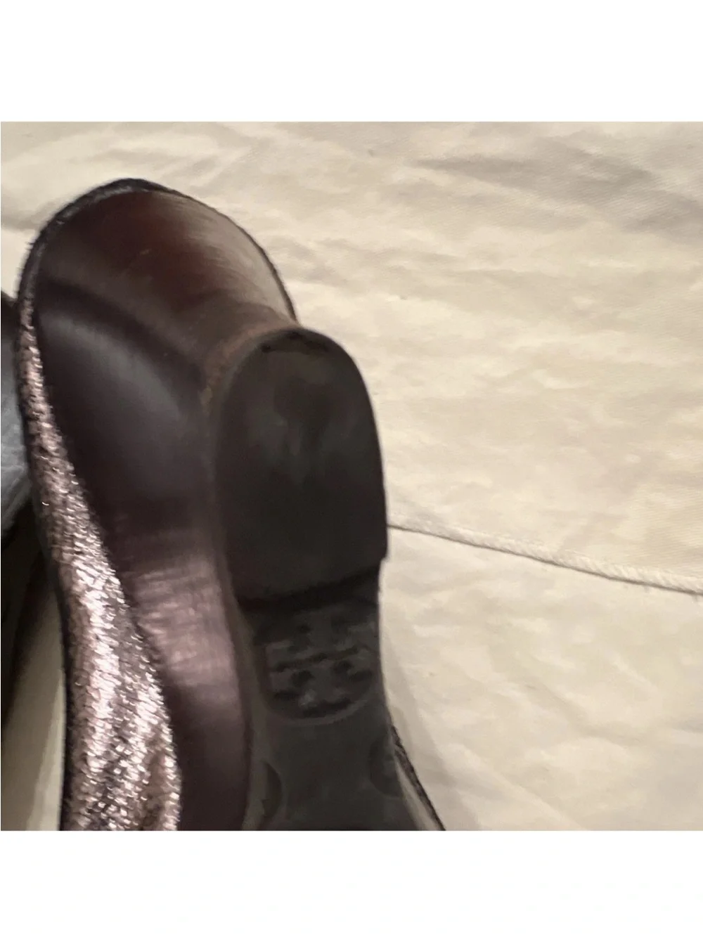 Tory Burch Metallic Pewter Peep-Toe Heels with Logo Medallion